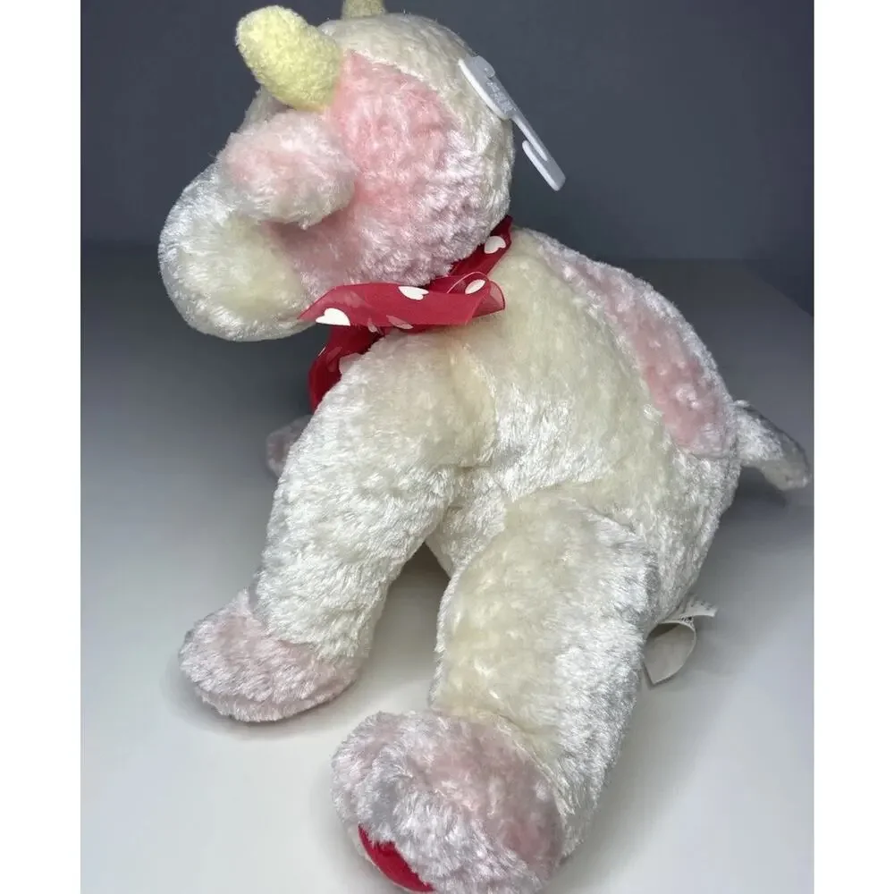 Vintage Walmart Pink Cow Plush 9” White Cream Valentines Heart Bow Pastel Floppy